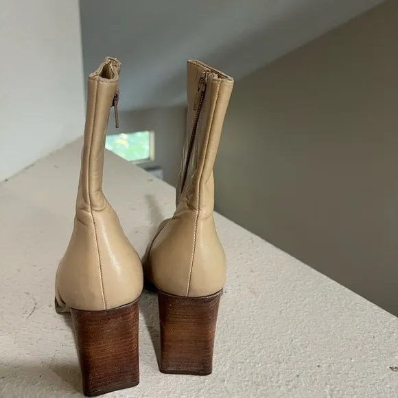 Y2K Tan‎ leather ankle boots wooden heel Square Toes  block heel booties size 5