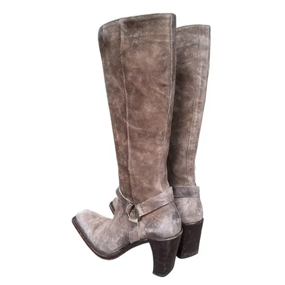 Y2k western cowgirl taupe suede leather below the knee harness boots 38