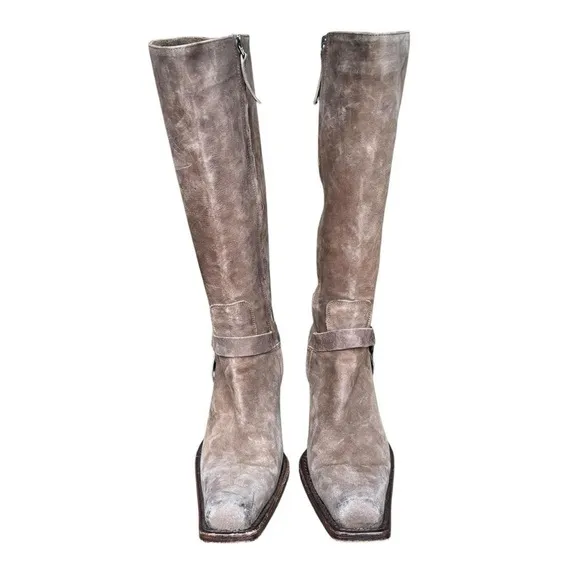 Y2k western cowgirl taupe suede leather below the knee harness boots 38