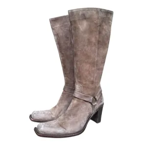 Y2k western cowgirl taupe suede leather below the knee harness boots 38