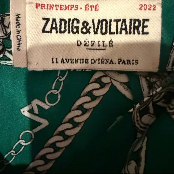 Zadig &amp; Voltaire Jana‎ CDC Silk Green &amp; Silver Chaines Tie Front Skirt Sz XS