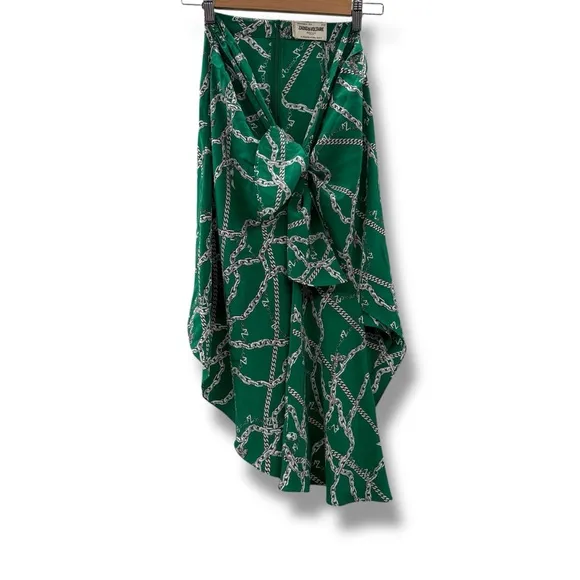 Zadig &amp; Voltaire Jana‎ CDC Silk Green &amp; Silver Chaines Tie Front Skirt Sz XS
