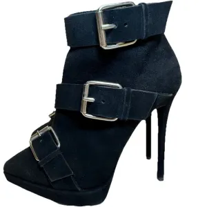 ZANOTTI BLACK SUEDE TRIPLE BUCKLE EMY PLATFORM HEELS ANKLE BOOTS 38.5. Worn Once