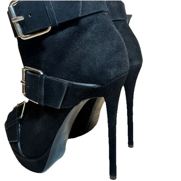 ZANOTTI BLACK SUEDE TRIPLE BUCKLE EMY PLATFORM HEELS ANKLE BOOTS 38.5. Worn Once