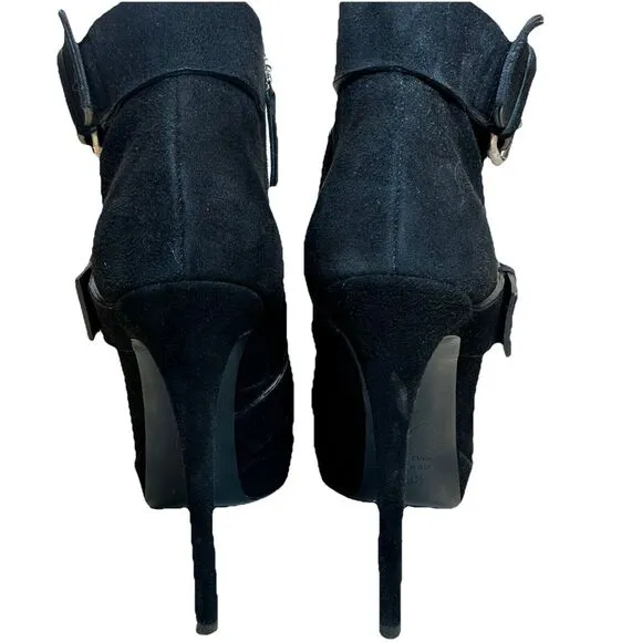 ZANOTTI BLACK SUEDE TRIPLE BUCKLE EMY PLATFORM HEELS ANKLE BOOTS 38.5. Worn Once