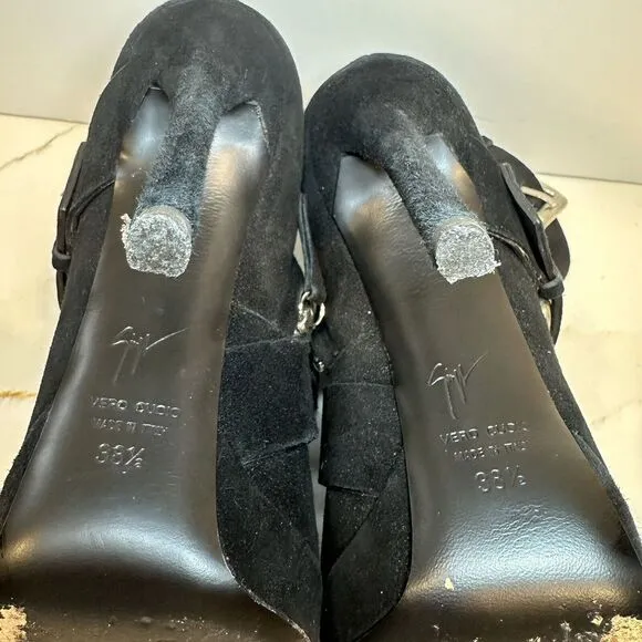 ZANOTTI BLACK SUEDE TRIPLE BUCKLE EMY PLATFORM HEELS ANKLE BOOTS 38.5. Worn Once