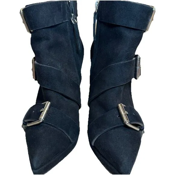 ZANOTTI BLACK SUEDE TRIPLE BUCKLE EMY PLATFORM HEELS ANKLE BOOTS 38.5. Worn Once
