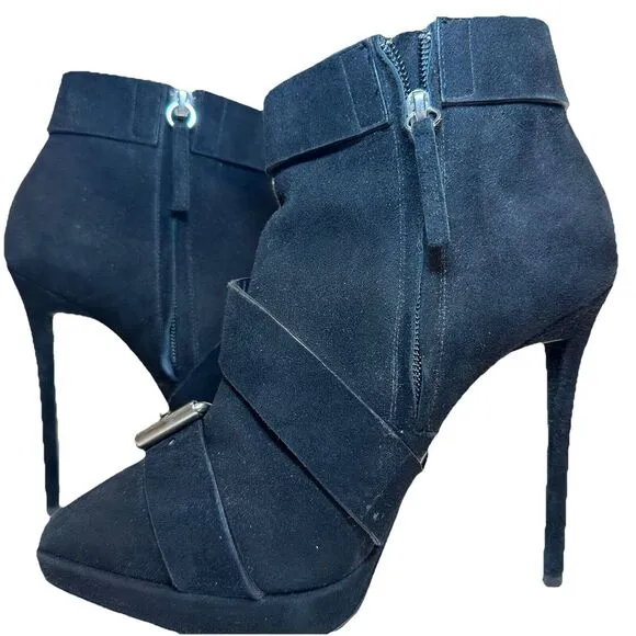 ZANOTTI BLACK SUEDE TRIPLE BUCKLE EMY PLATFORM HEELS ANKLE BOOTS 38.5. Worn Once