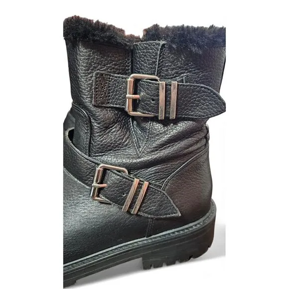 Zara Basic black leather moto combat boots zipper shearling lined EU41 US10