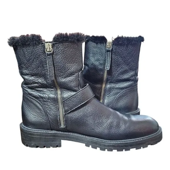 Zara Basic black leather moto combat boots zipper shearling lined EU41 US10