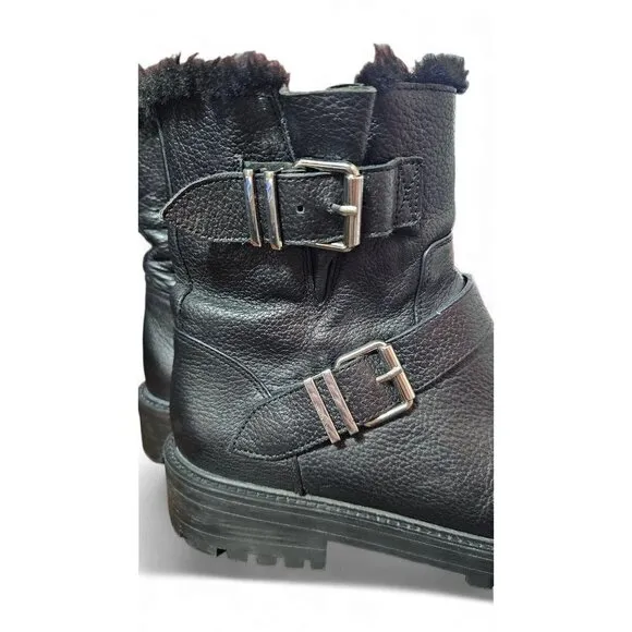Zara Basic black leather moto combat boots zipper shearling lined EU41 US10