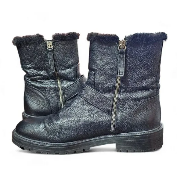 Zara Basic black leather moto combat boots zipper shearling lined EU41 US10