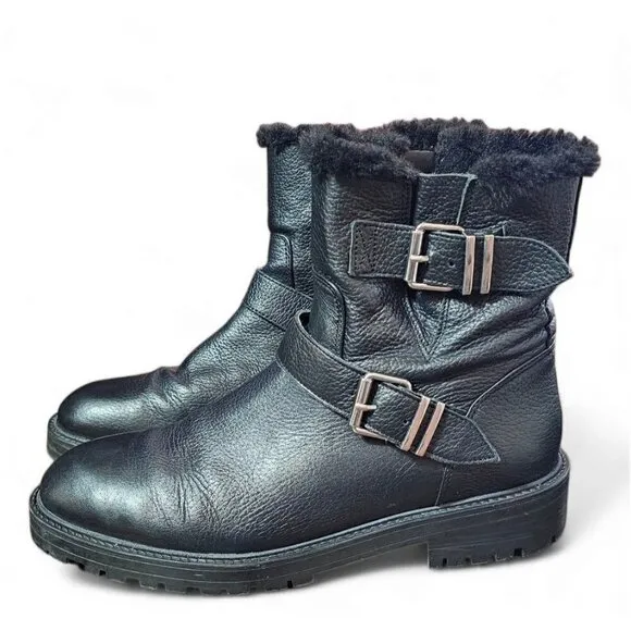 Zara Basic black leather moto combat boots zipper shearling lined EU41 US10