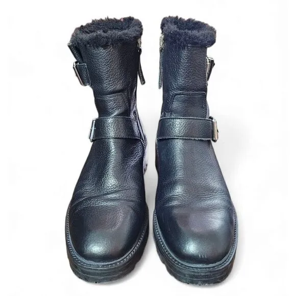 Zara Basic black leather moto combat boots zipper shearling lined EU41 US10