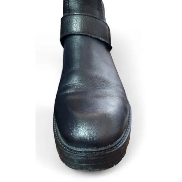 Zara Basic black leather moto combat boots zipper shearling lined EU41 US10