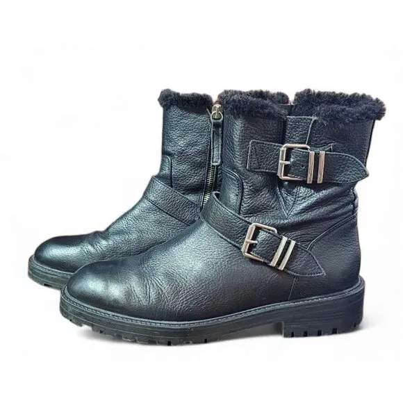 Zara Basic black leather moto combat boots zipper shearling lined EU41 US10