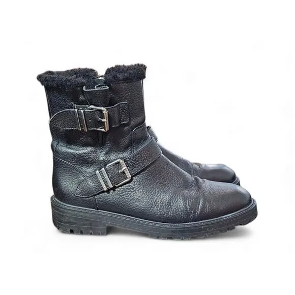 Zara Basic black leather moto combat boots zipper shearling lined EU41 US10
