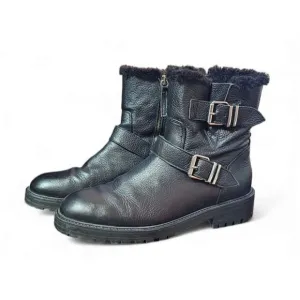 Zara Basic black leather moto combat boots zipper shearling lined EU41 US10