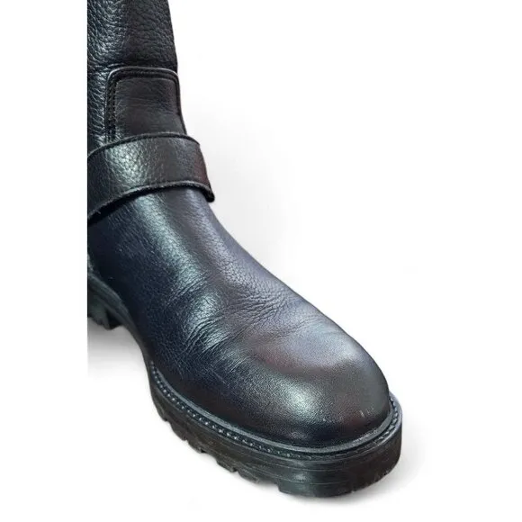 Zara Basic black leather moto combat boots zipper shearling lined EU41 US10