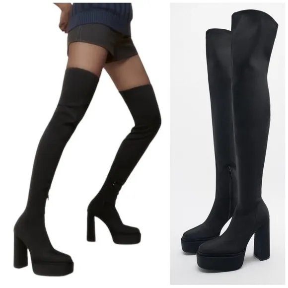Zara black chunky heel platform fabric over the knee thigh high boots Sz 40 NWOT