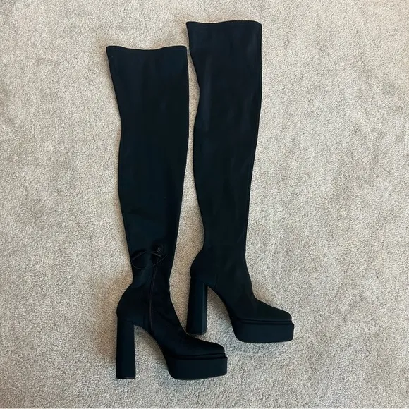 Zara black chunky heel platform fabric over the knee thigh high boots Sz 40 NWOT