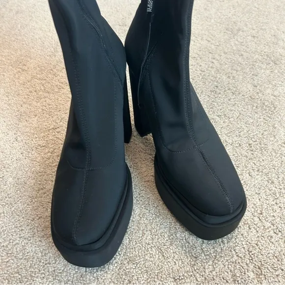 Zara black chunky heel platform fabric over the knee thigh high boots Sz 40 NWOT