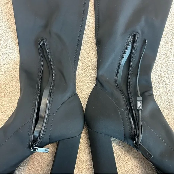 Zara black chunky heel platform fabric over the knee thigh high boots Sz 40 NWOT