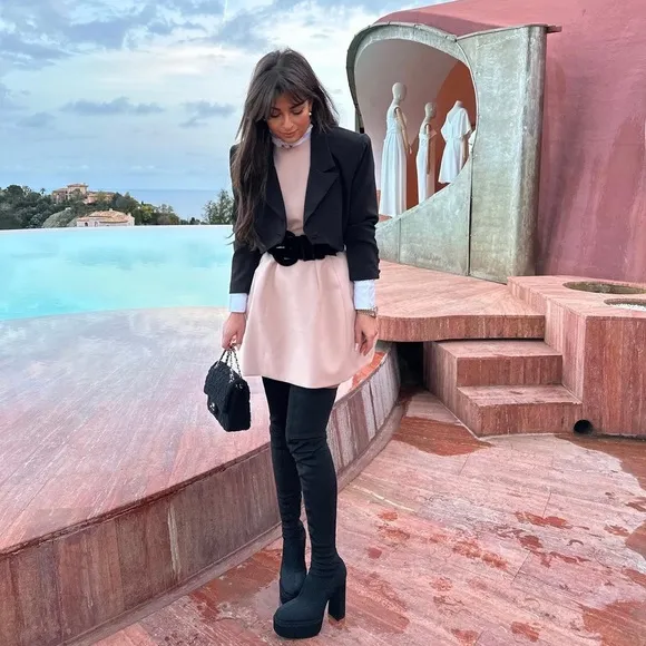 Zara Black Fabric Over The Knee Tall Platform Boots