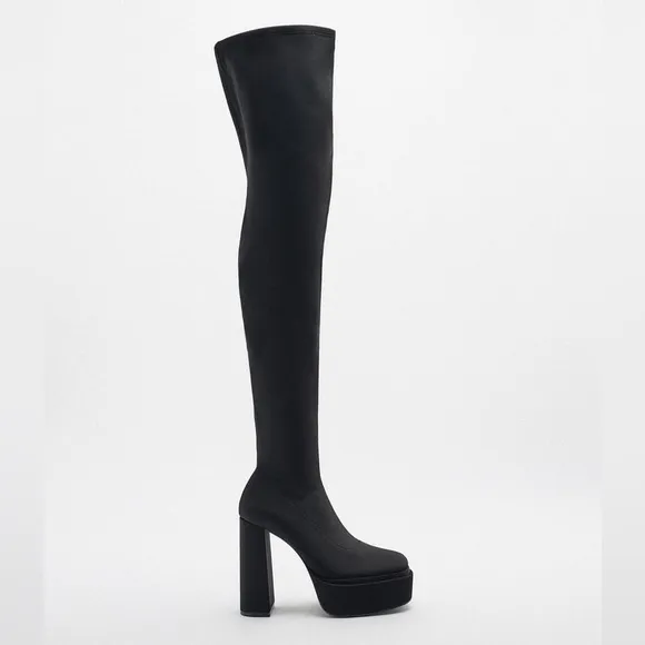 Zara Black Fabric Over The Knee Tall Platform Boots