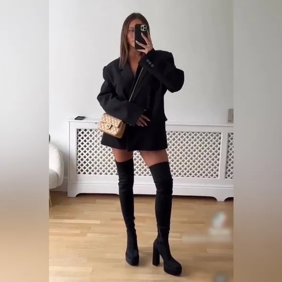 Zara Black Fabric Over The Knee Tall Platform Boots