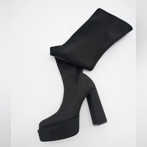 Zara Black Fabric Over The Knee Tall Platform Boots