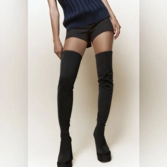 Zara Black Fabric Over The Knee Tall Platform Boots