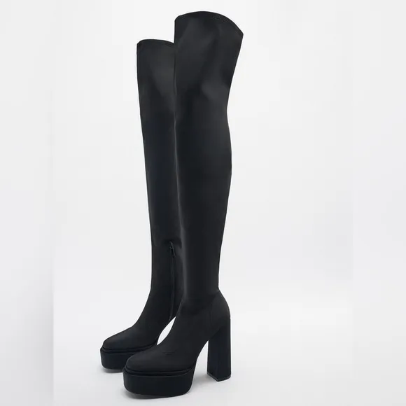 Zara Black Fabric Over The Knee Tall Platform Boots