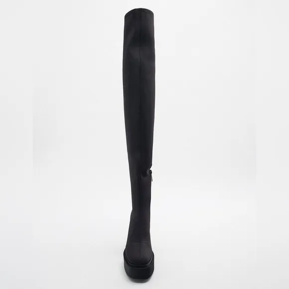 Zara Black Fabric Over The Knee Tall Platform Boots