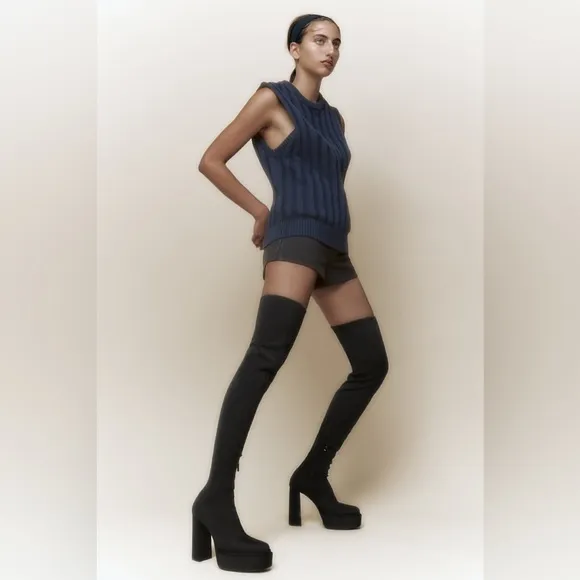 Zara Black Fabric Over The Knee Tall Platform Boots