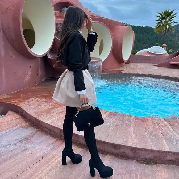 Zara Black Fabric Over The Knee Tall Platform Boots