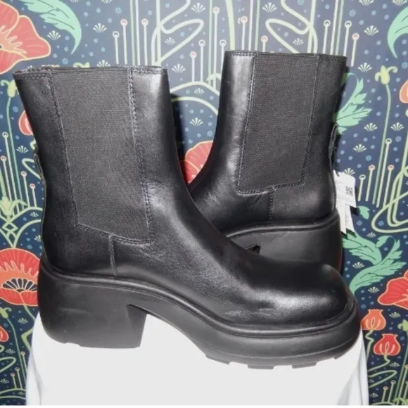 Zara Black Leather Chunky Heel Elastic Gore Platform Square Toe Boots 39