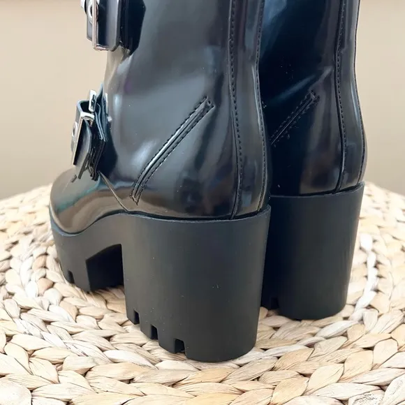 ZARA black leather mid-chunky rubber heel studded boots with track ankle buckles