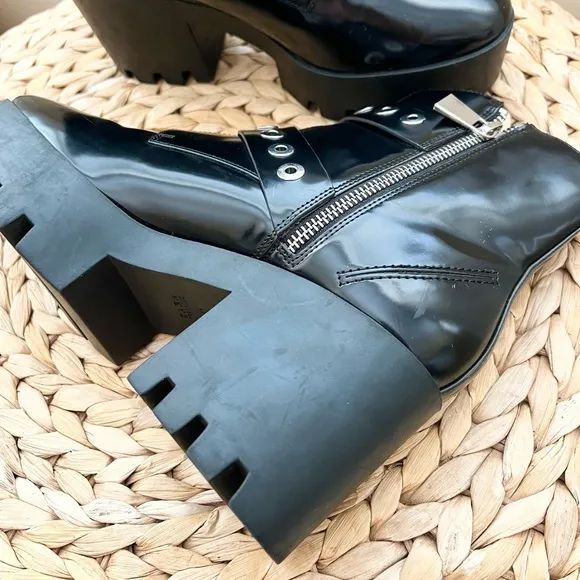 ZARA black leather mid-chunky rubber heel studded boots with track ankle buckles