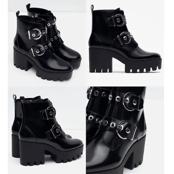 ZARA black leather mid-chunky rubber heel studded boots with track ankle buckles