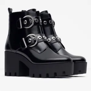 ZARA black leather mid-chunky rubber heel studded boots with track ankle buckles