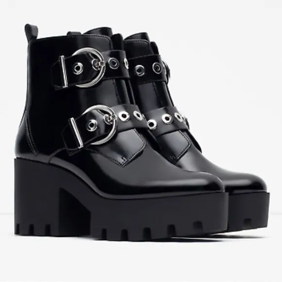 ZARA black leather mid-chunky rubber heel studded boots with track ankle buckles