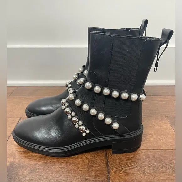 Zara Black Leather Pearl Ankle Chelsea Moto Style Boots size 40(9)