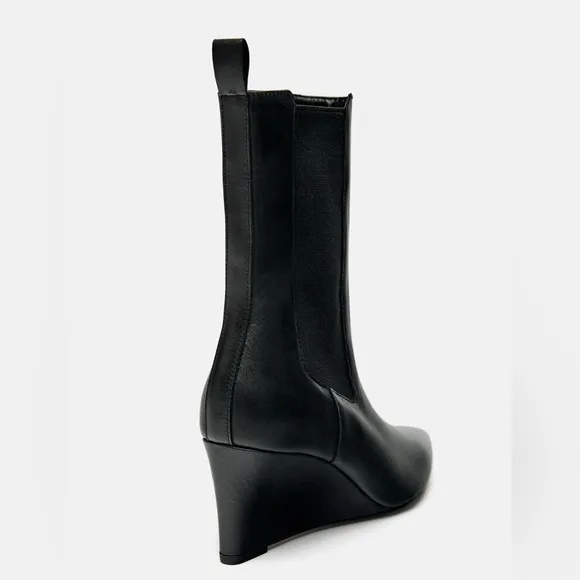 Zara Black Leather Wedge Ankle Boots