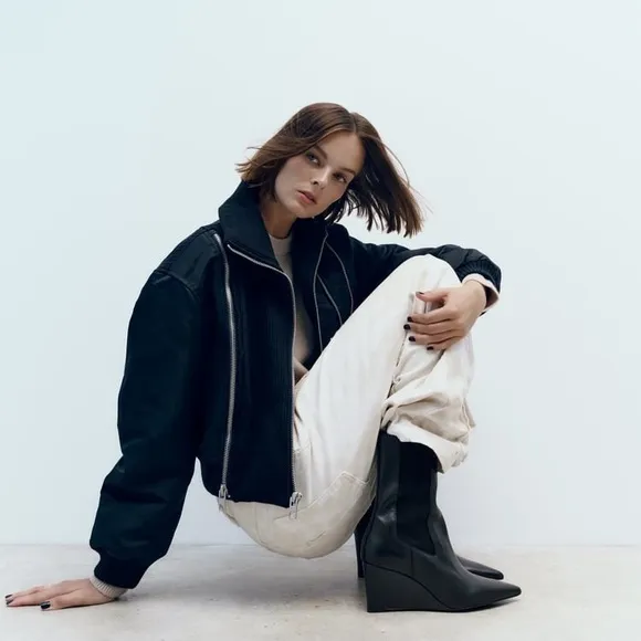 Zara Black Leather Wedge Ankle Boots
