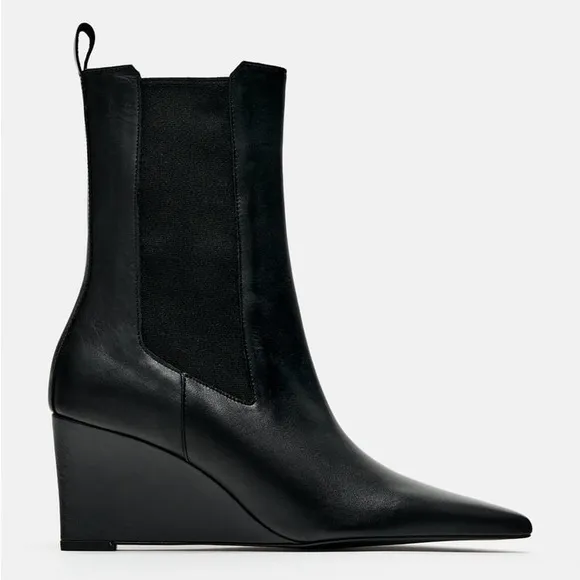 Zara Black Leather Wedge Ankle Boots