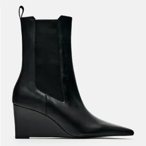 Zara Black Leather Wedge Ankle Boots