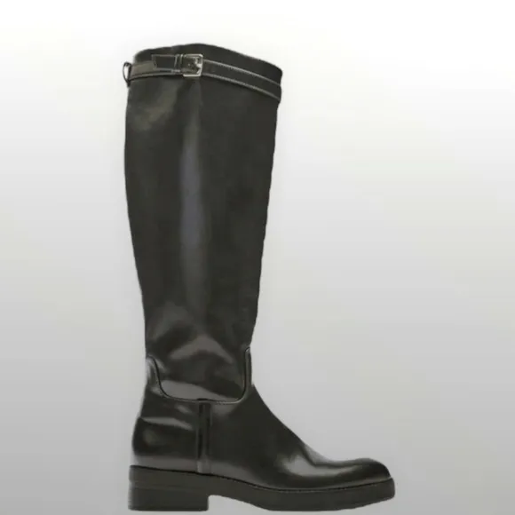 Zara black riding boots buckle strap full width NWT