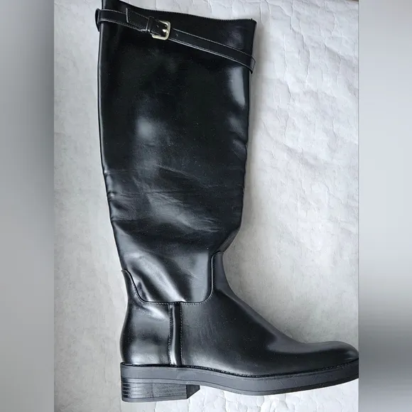 Zara black riding boots buckle strap full width NWT