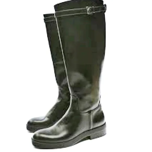 Zara black riding boots buckle strap full width NWT